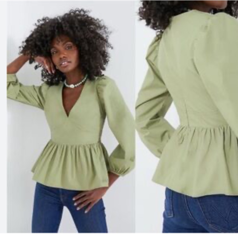 NWT HYACINTH HOUSE Elaina Puff Sleeve Peplum Blouse sage green Size Medium